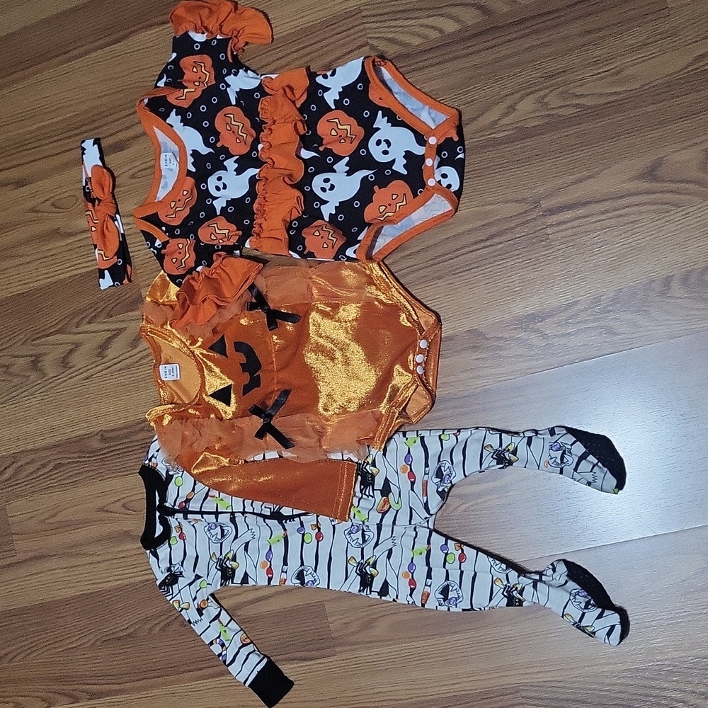 4 pc baby girl Halloween outfits onesies lot NWOT old navy pumpkin orange 6-9M